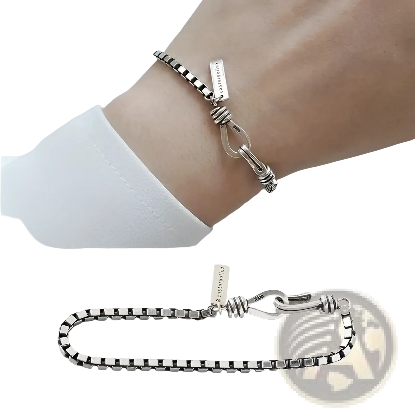 Vintage Silver Box Chain Cross Bracelet with Engraved Tag