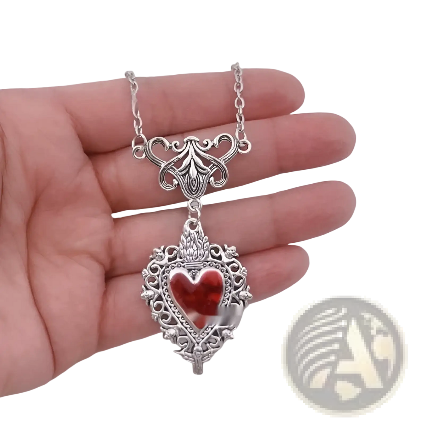Vintage Silver Filigree Heart Pendant with Red Enamel Center