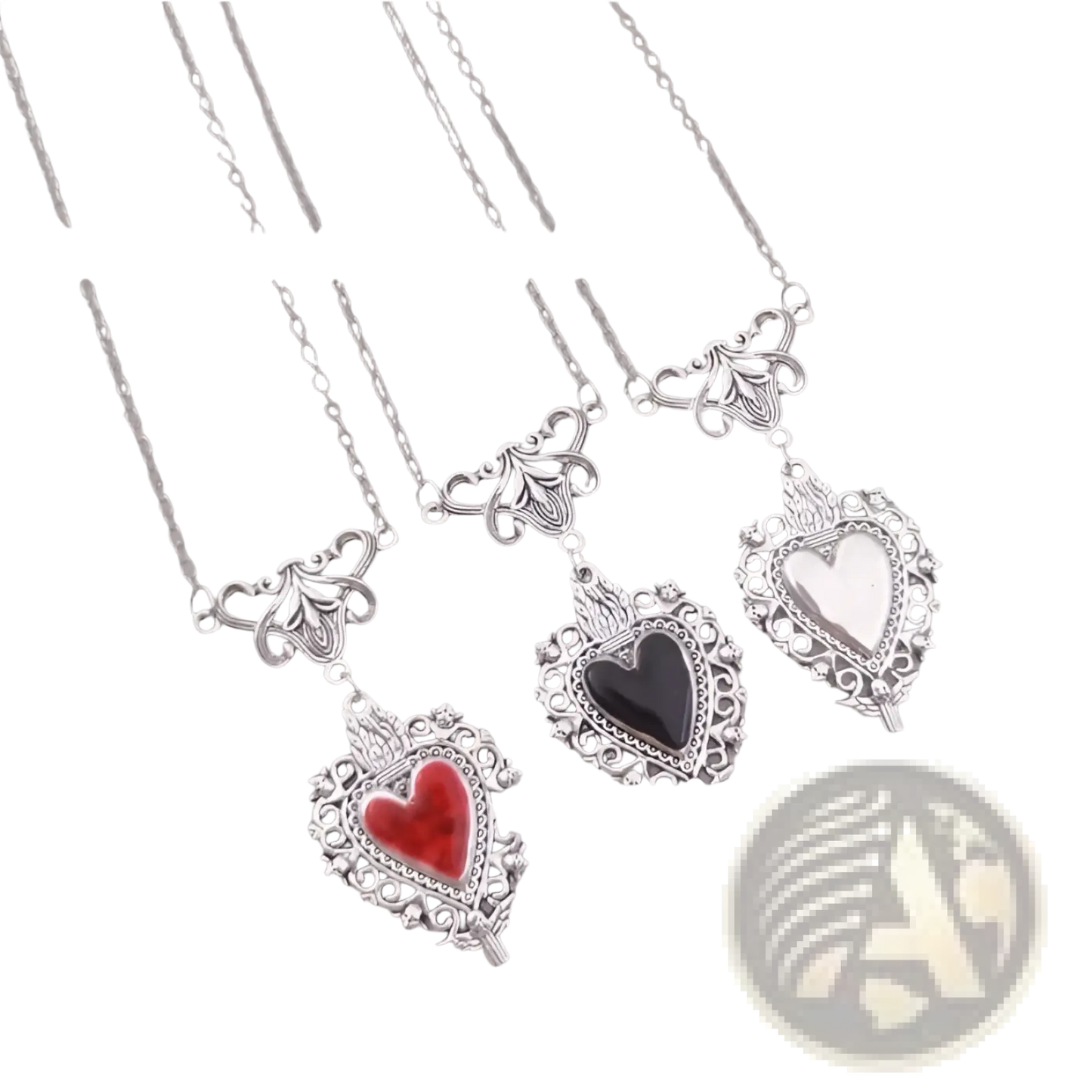 Vintage Silver Filigree Heart Pendant with Red Enamel Center