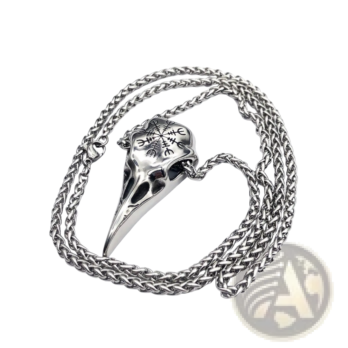 Vintage Viking Runic Raven Skull Pendant Necklace