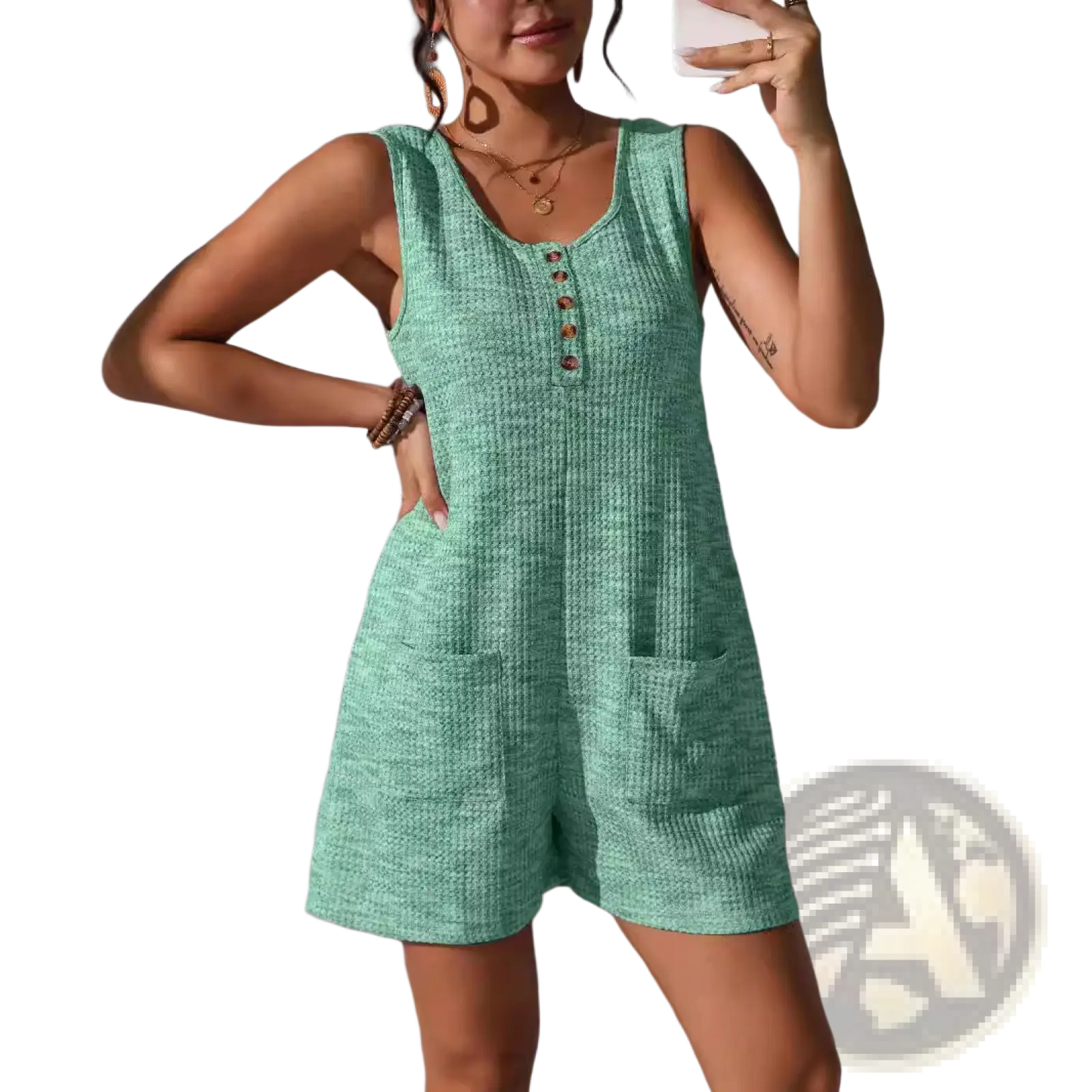 Waffle Knit Button Front Sleeveless Pocket Jumpsuit