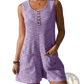 Waffle Knit Button Front Sleeveless Pocket Jumpsuit