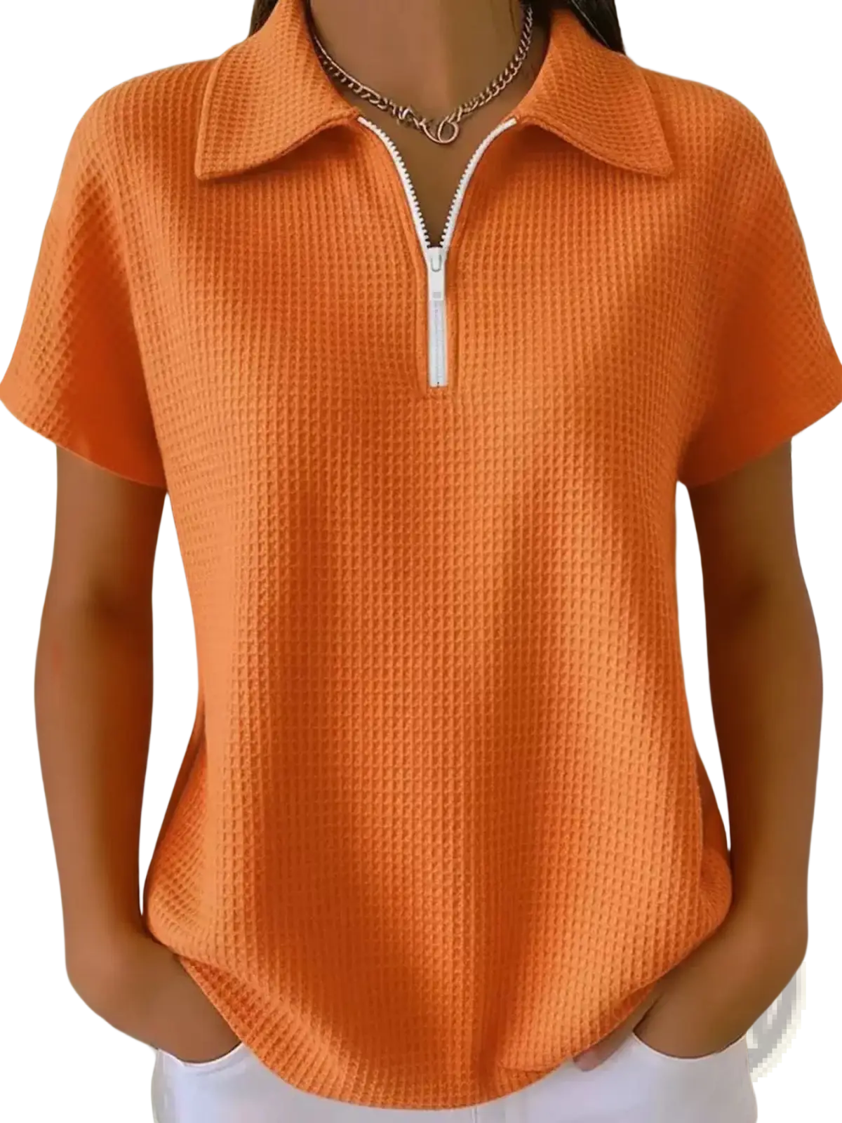 Waffle Knit Half Zip Short Sleeve Polo Shirt