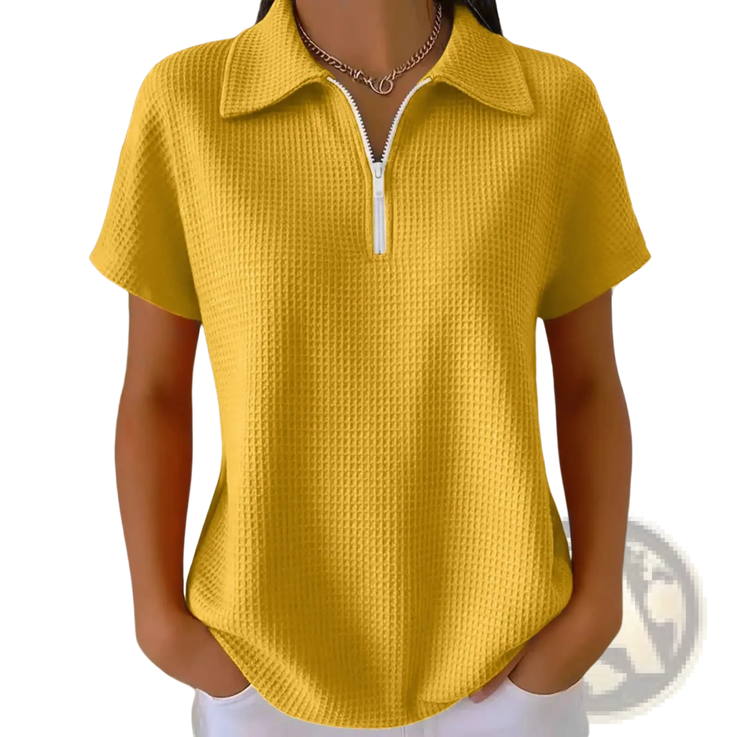 Waffle Knit Half Zip Short Sleeve Polo Shirt