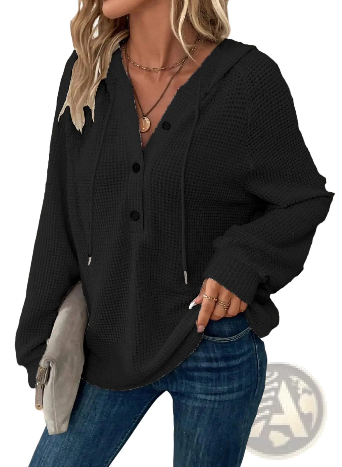 Waffle Knit v Neck Button Front Hoodie