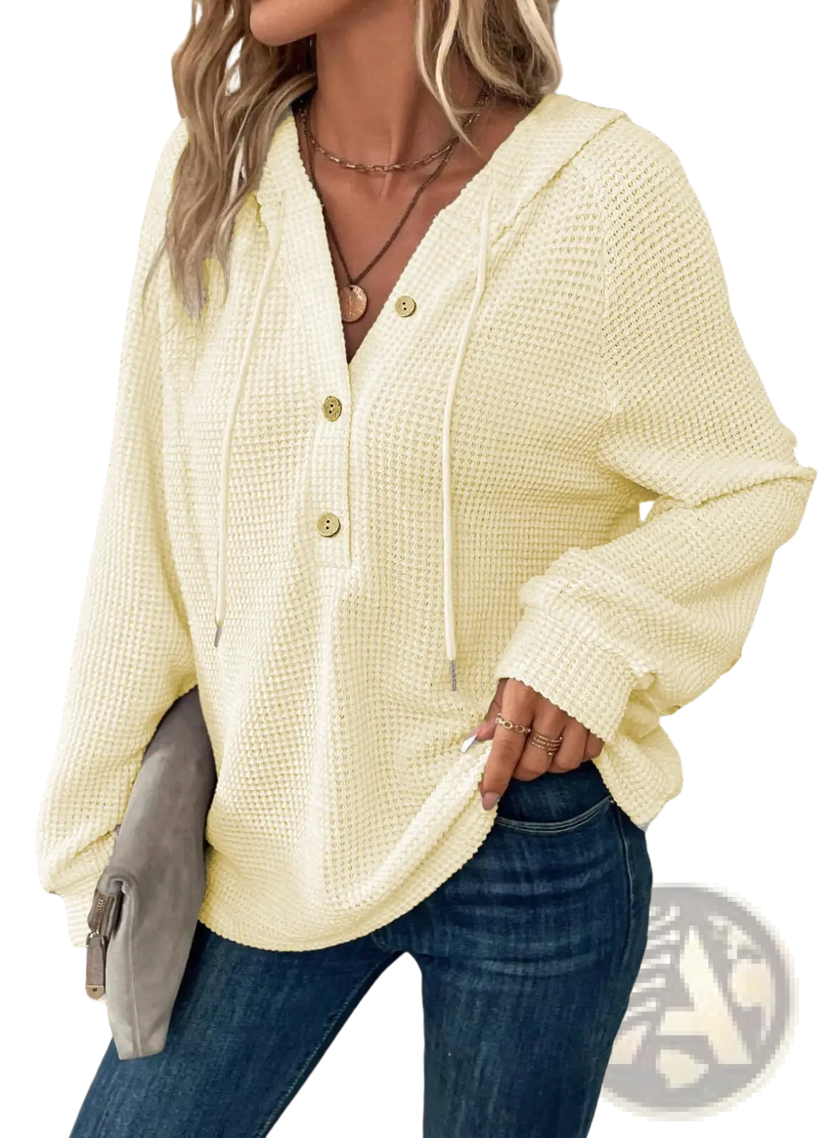 Waffle Knit v Neck Button Front Hoodie