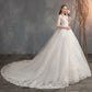 Lace v Neck High Waist Wedding Dress with Trailing Sleeves