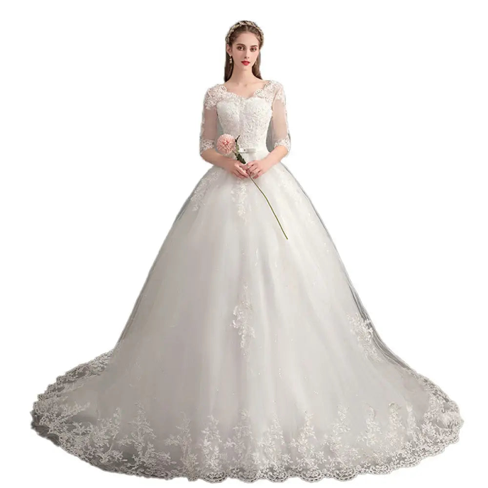 Lace v Neck High Waist Wedding Dress with Trailing Sleeves