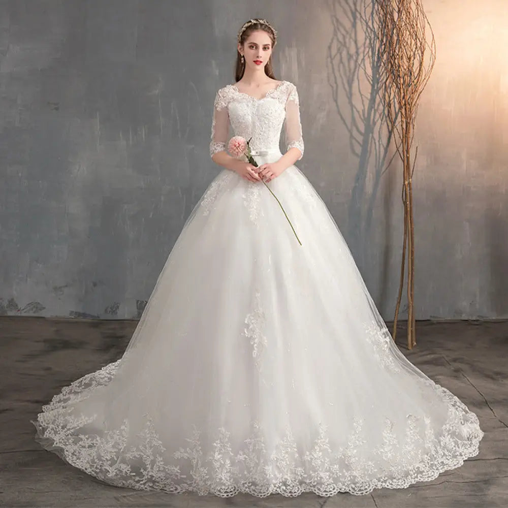 Lace v Neck High Waist Wedding Dress with Trailing Sleeves