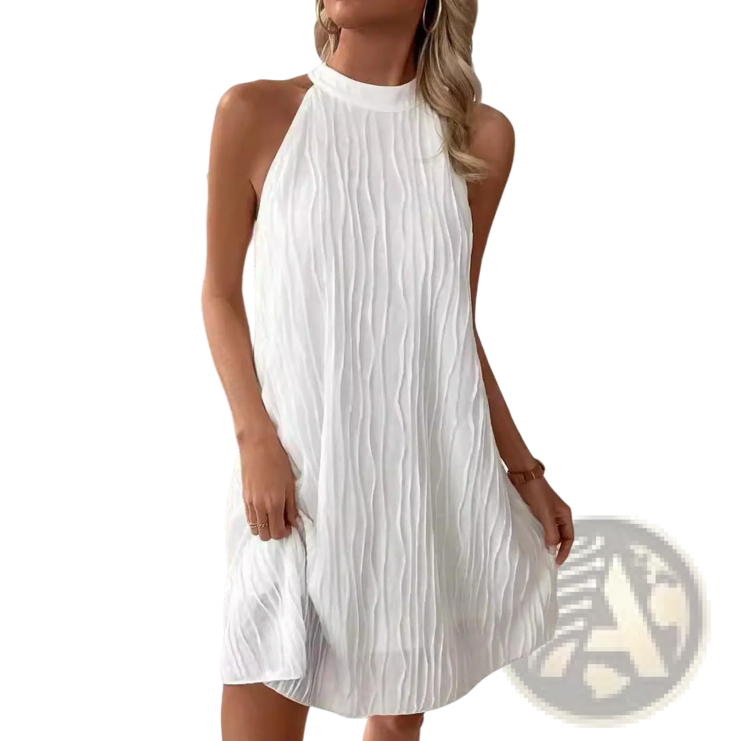 White Pleated Halter Backless Dress for Women