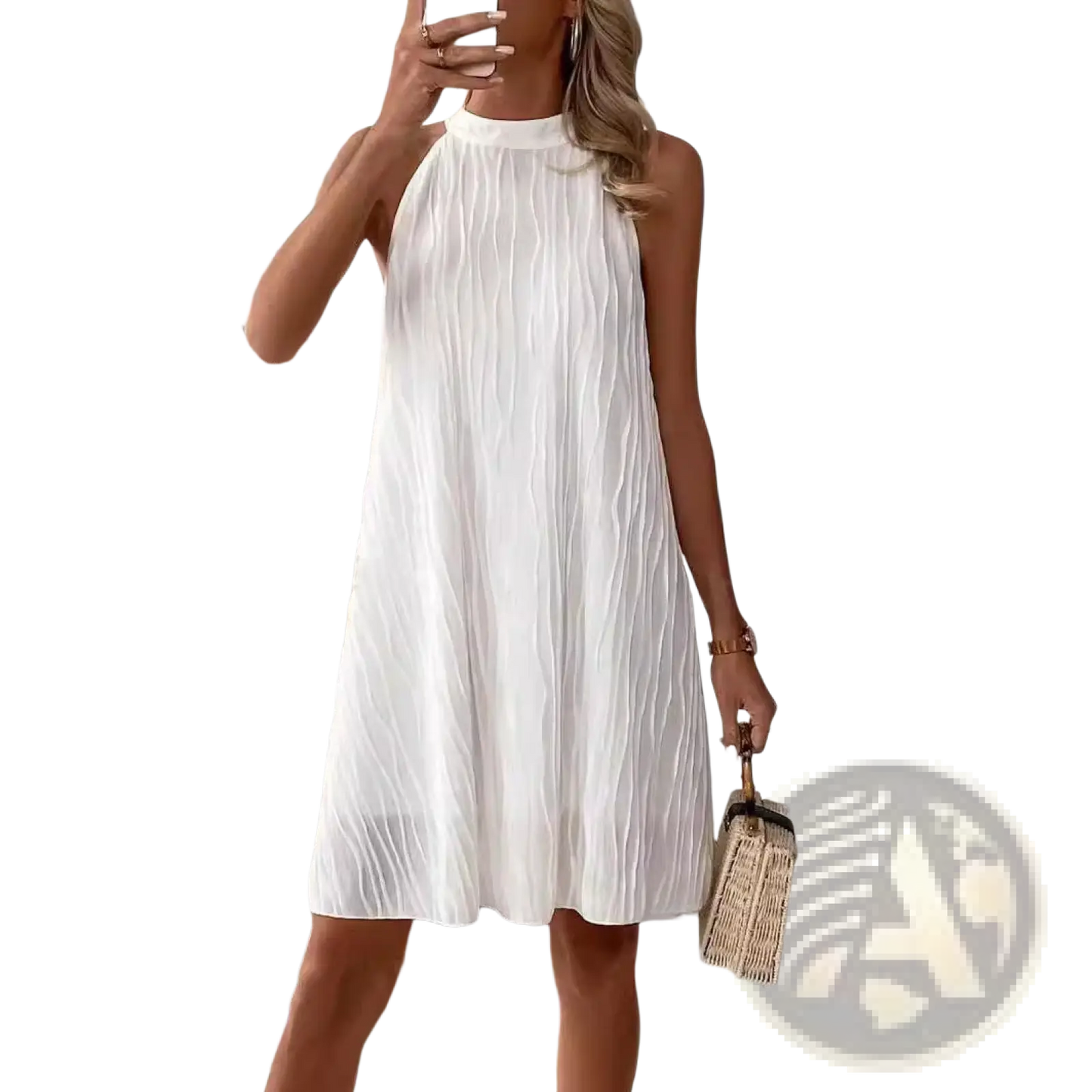 White Pleated Halter Backless Dress for Women