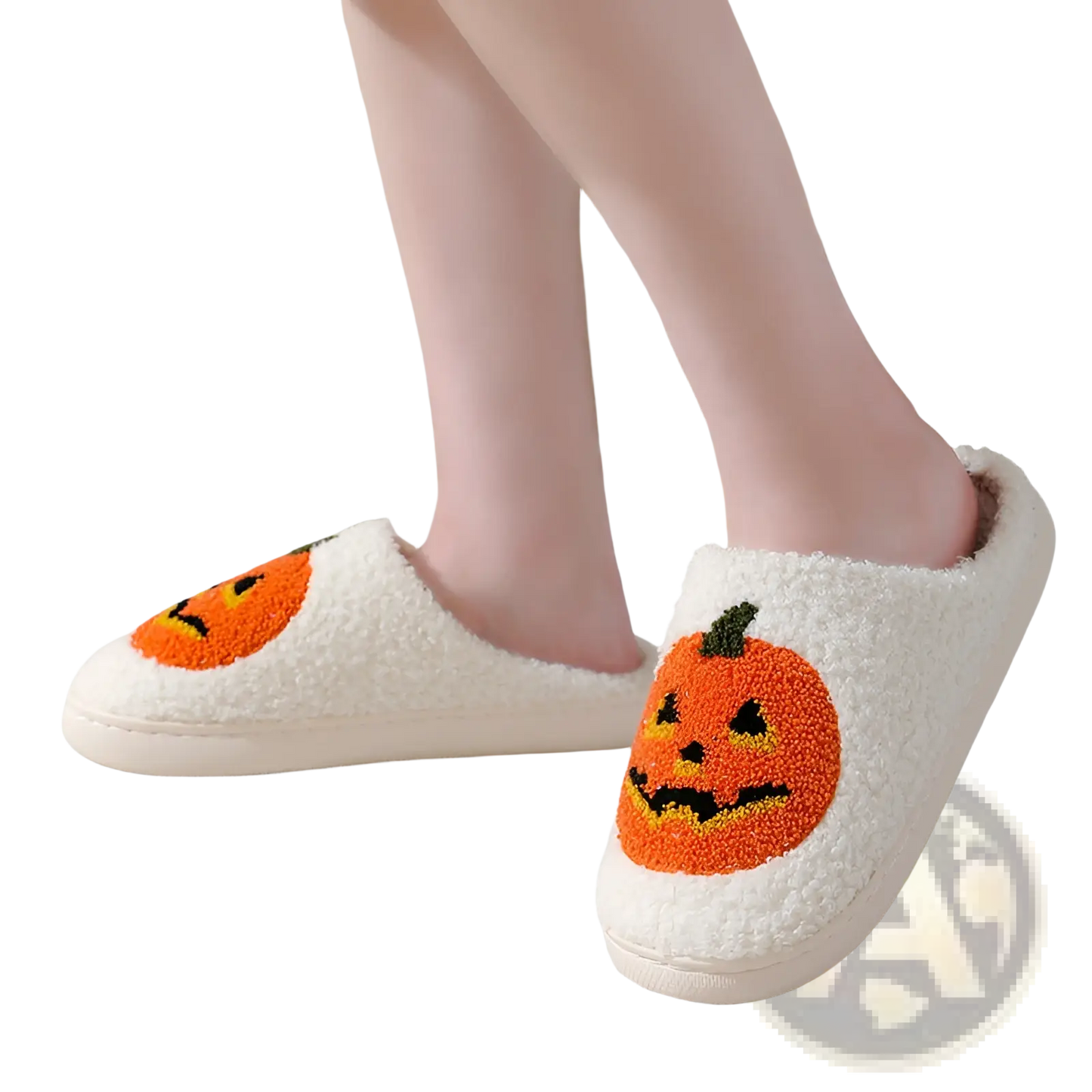 White Plush Jack-o-lantern Embroidered Halloween Slippers
