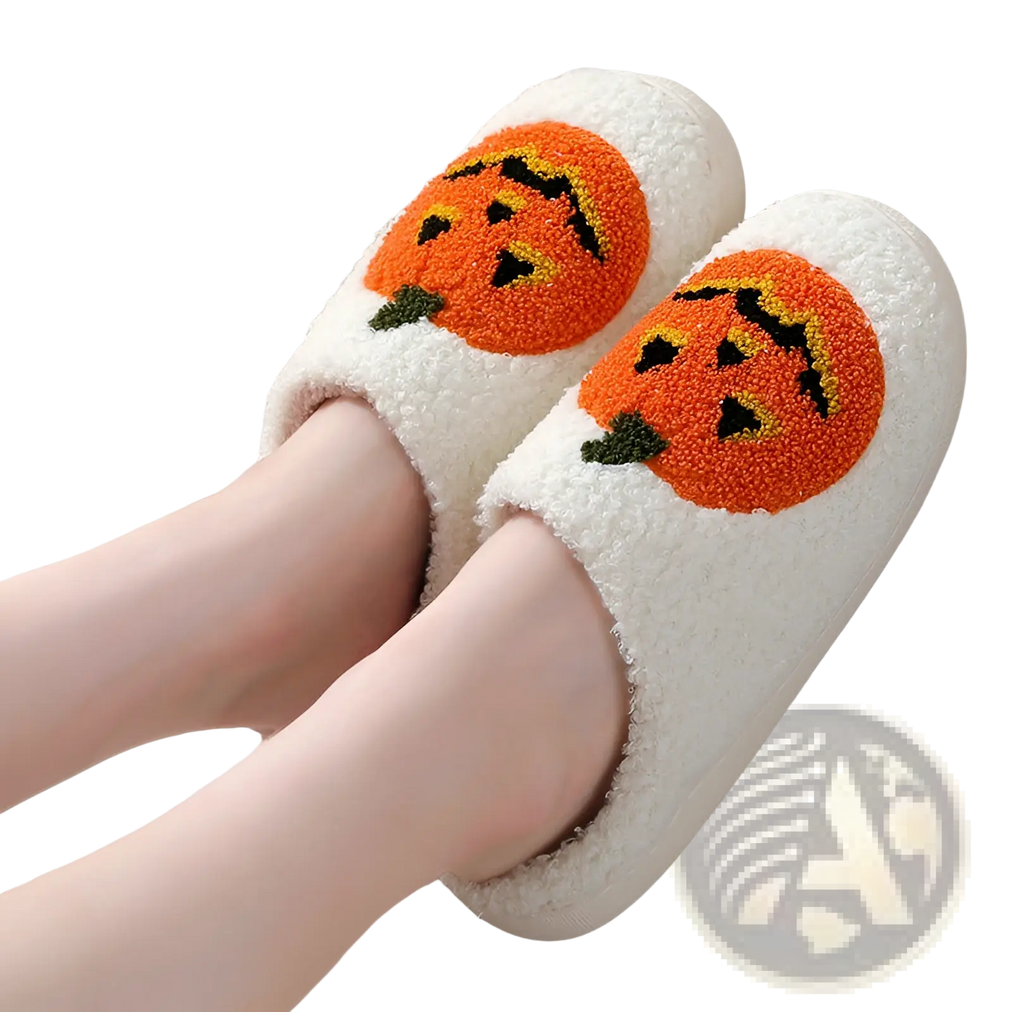 White Plush Jack-o-lantern Embroidered Halloween Slippers