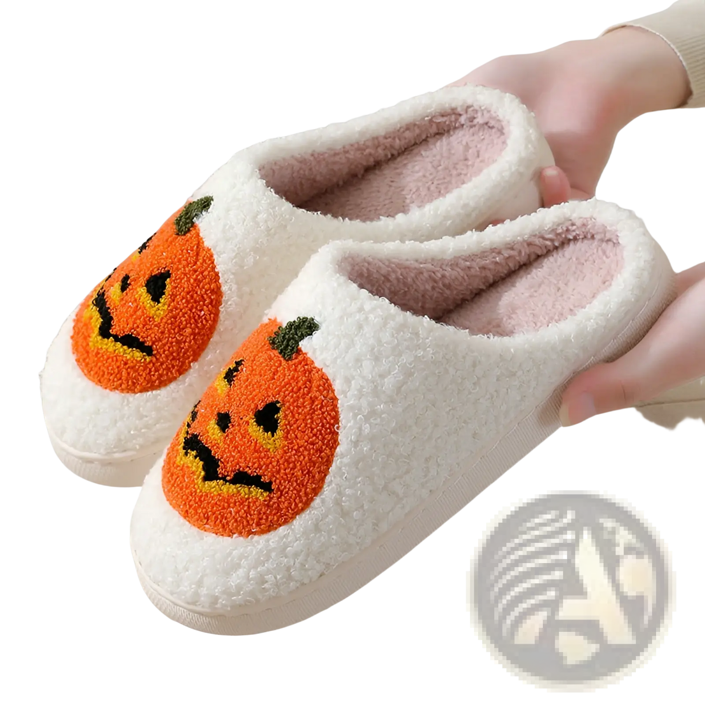White Plush Jack-o-lantern Embroidered Halloween Slippers