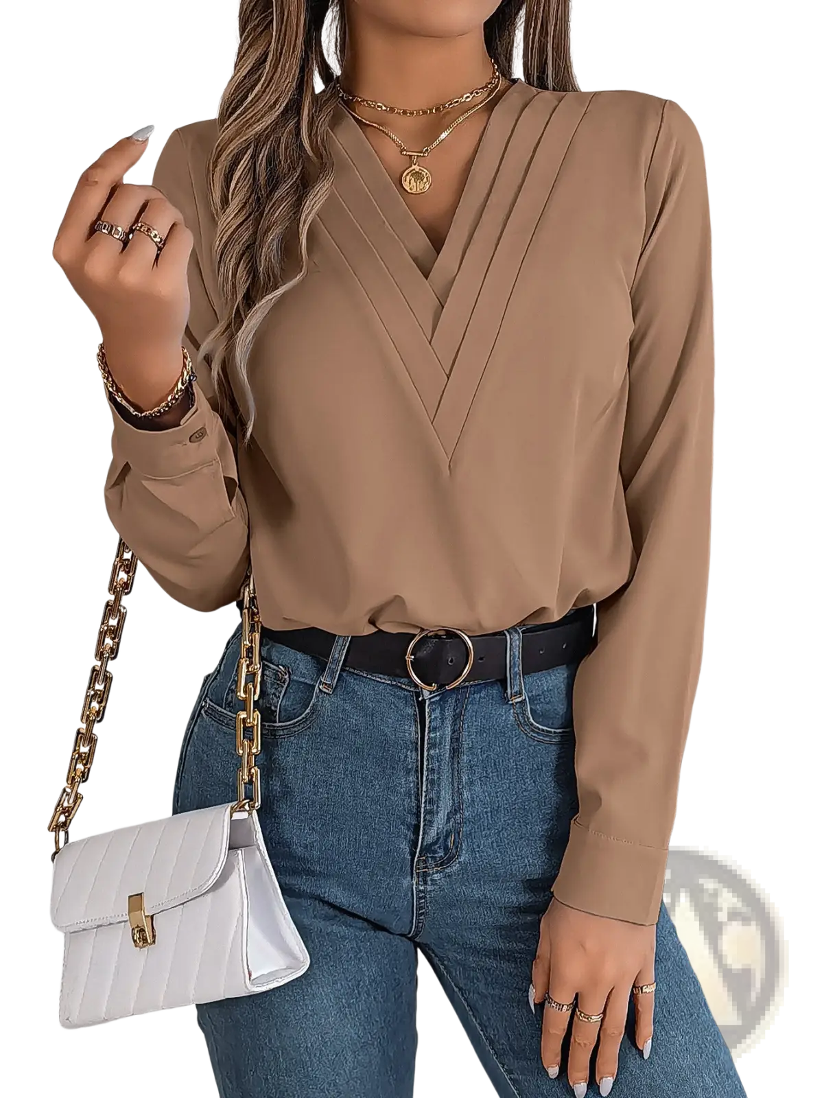 White Satin v Neck Wrap Blouse with Black Trim