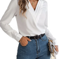 White Satin v Neck Wrap Blouse with Black Trim
