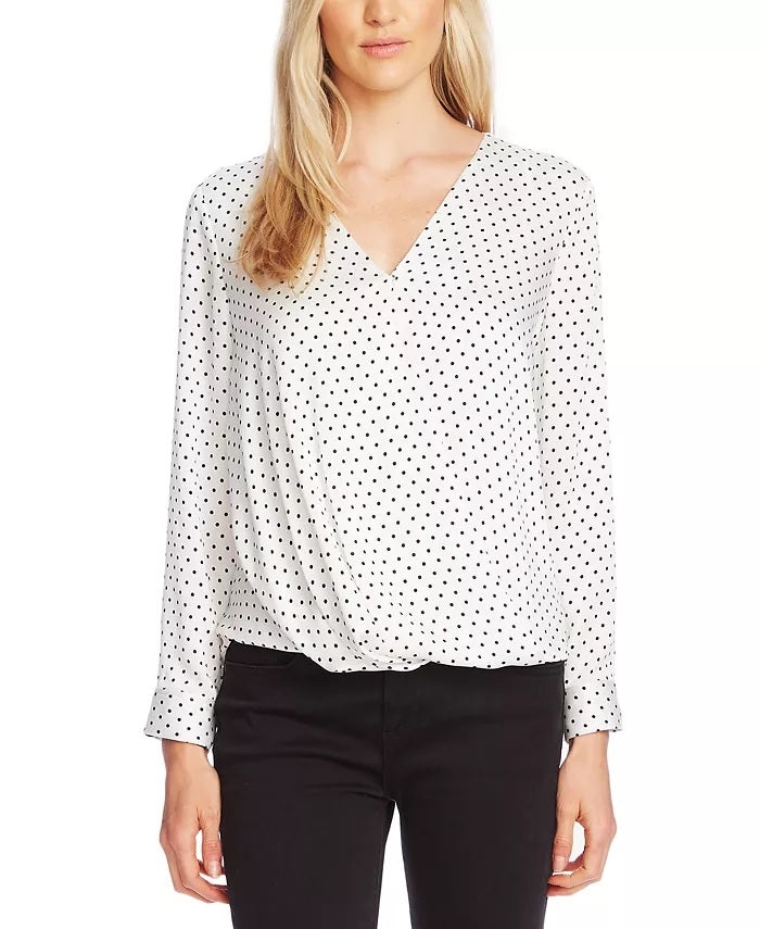 Vince Camuto Women's Fiesta Dot Wrap Front Long Sleeve Hammered Satin Blouse White Size X-Large