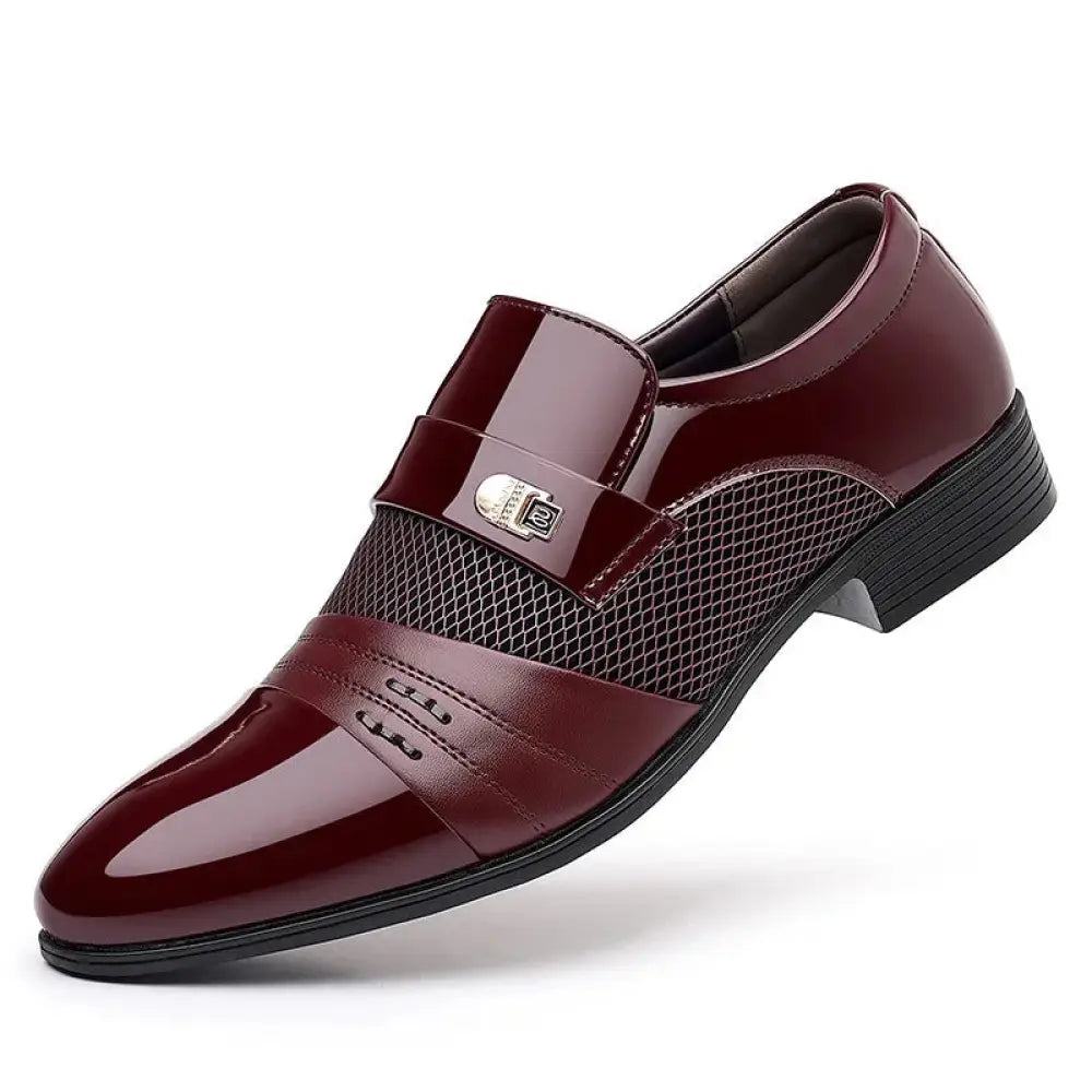 Men's Wine Red Patchwork Leather Buckle Dress Shoes
