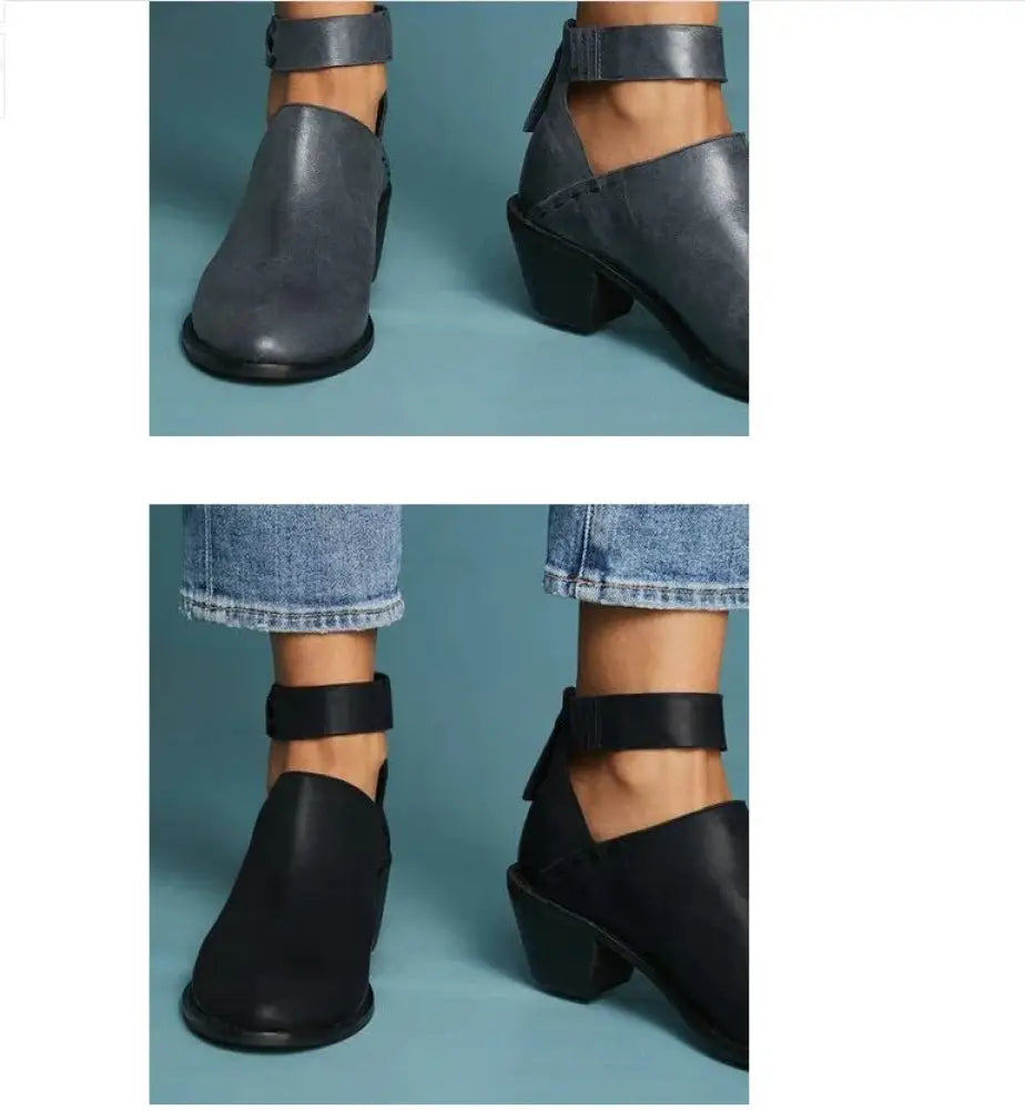 Women's Cut-out Leather Buckle Ankle Boots