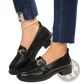 Women Leather Loafers Horsebit Chunky Heel Shoes