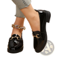 Women Leather Loafers Horsebit Chunky Heel Shoes