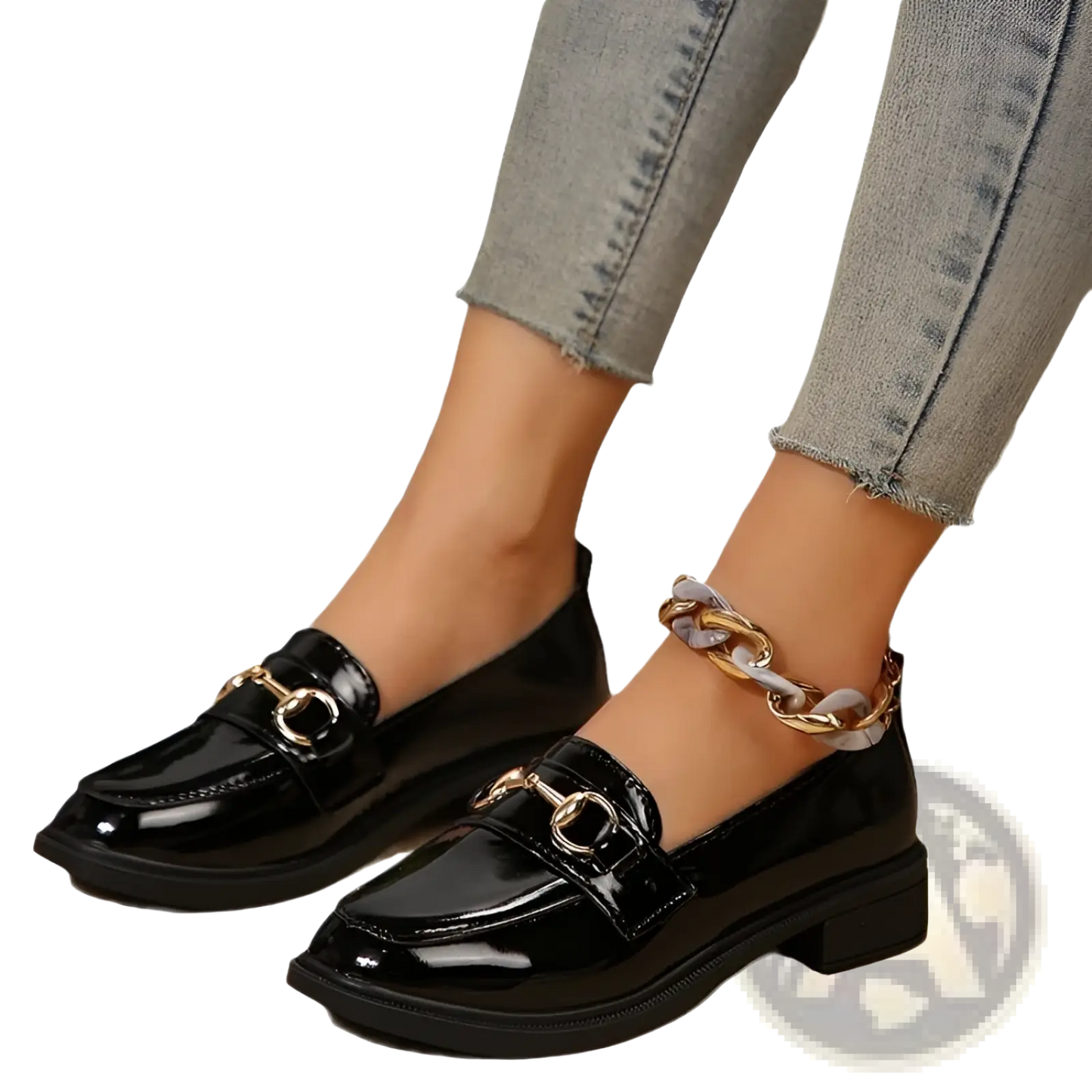 Women Leather Loafers Horsebit Chunky Heel Shoes