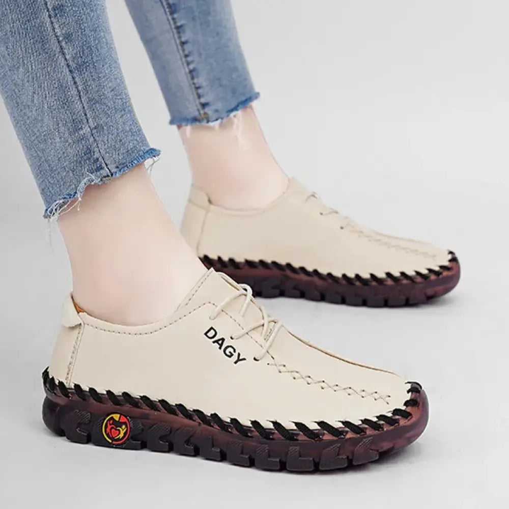 Women's Soft Leather Lace-up Loafers with Rubber Soles