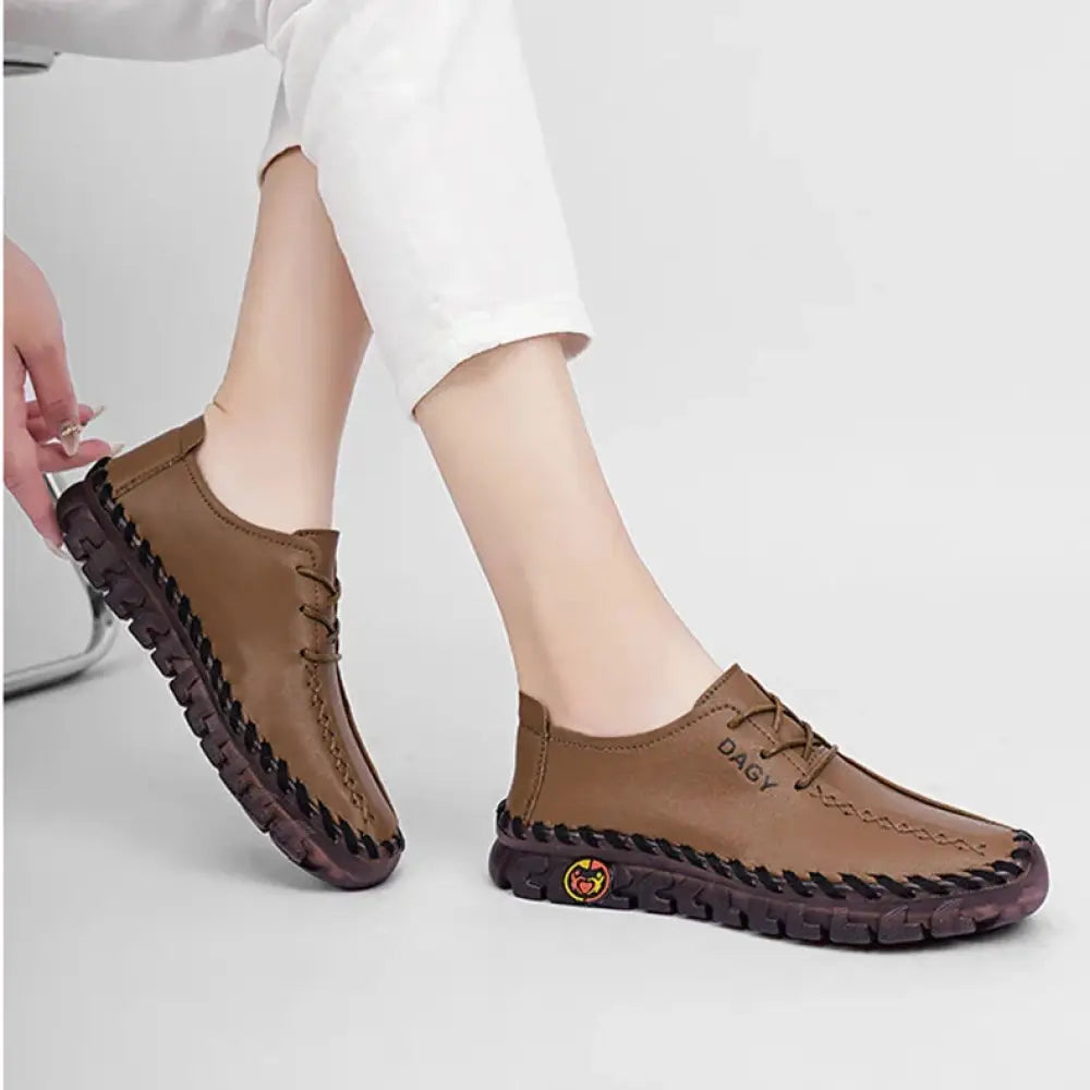 Women's Soft Leather Lace-up Loafers with Rubber Soles