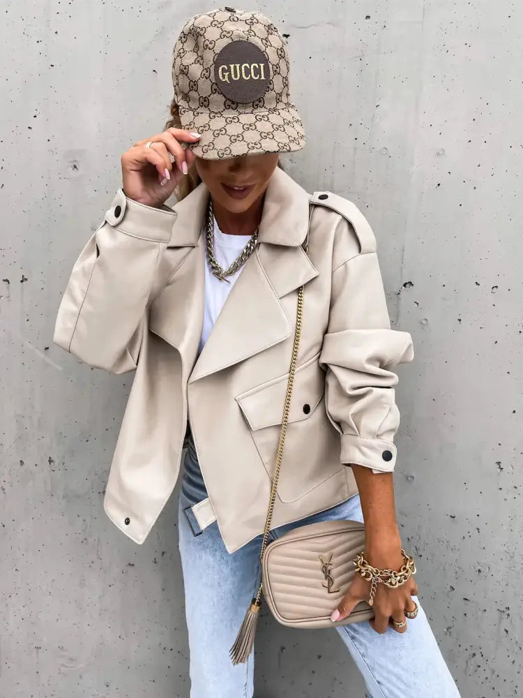 Women's Relaxed Beige Faux Leather Jacket with Pockets