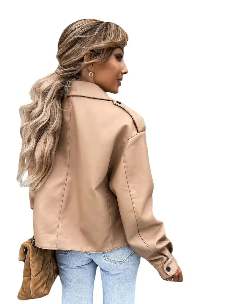 Women's Relaxed Beige Faux Leather Jacket with Pockets