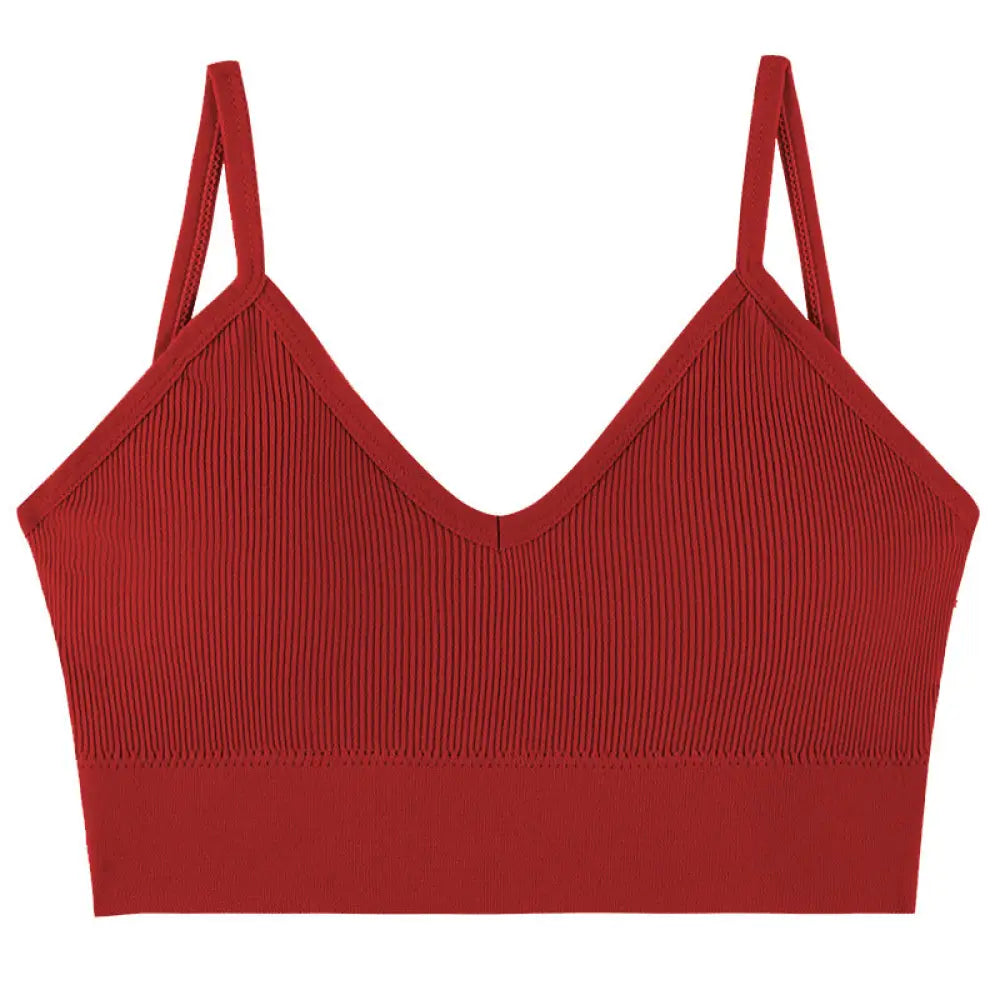 Seamless v Neck Ribbed Tube Top Bra with Adjustable Straps