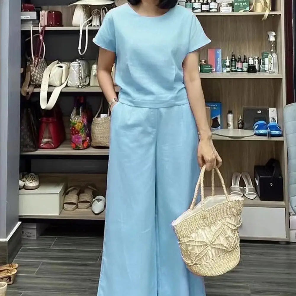 Light Blue Linen Short Sleeve Wide Leg Pant Set
