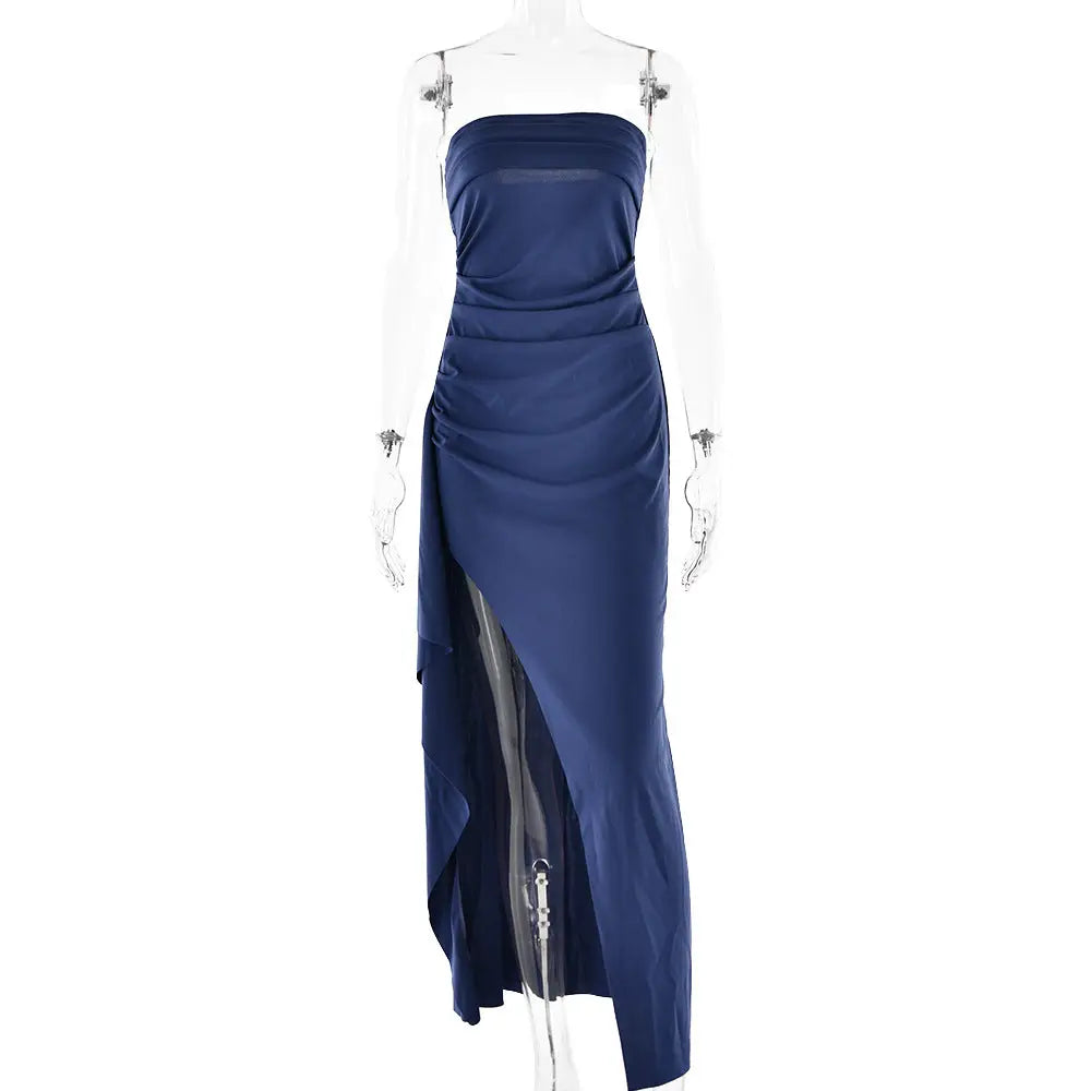 Strapless Pleated Maxi Gown with High Slit and Ruched Bodice