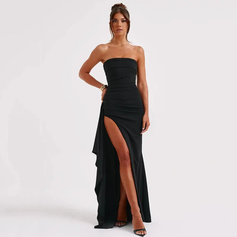 Strapless Pleated Maxi Gown with High Slit and Ruched Bodice