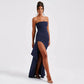 Strapless Pleated Maxi Gown with High Slit and Ruched Bodice