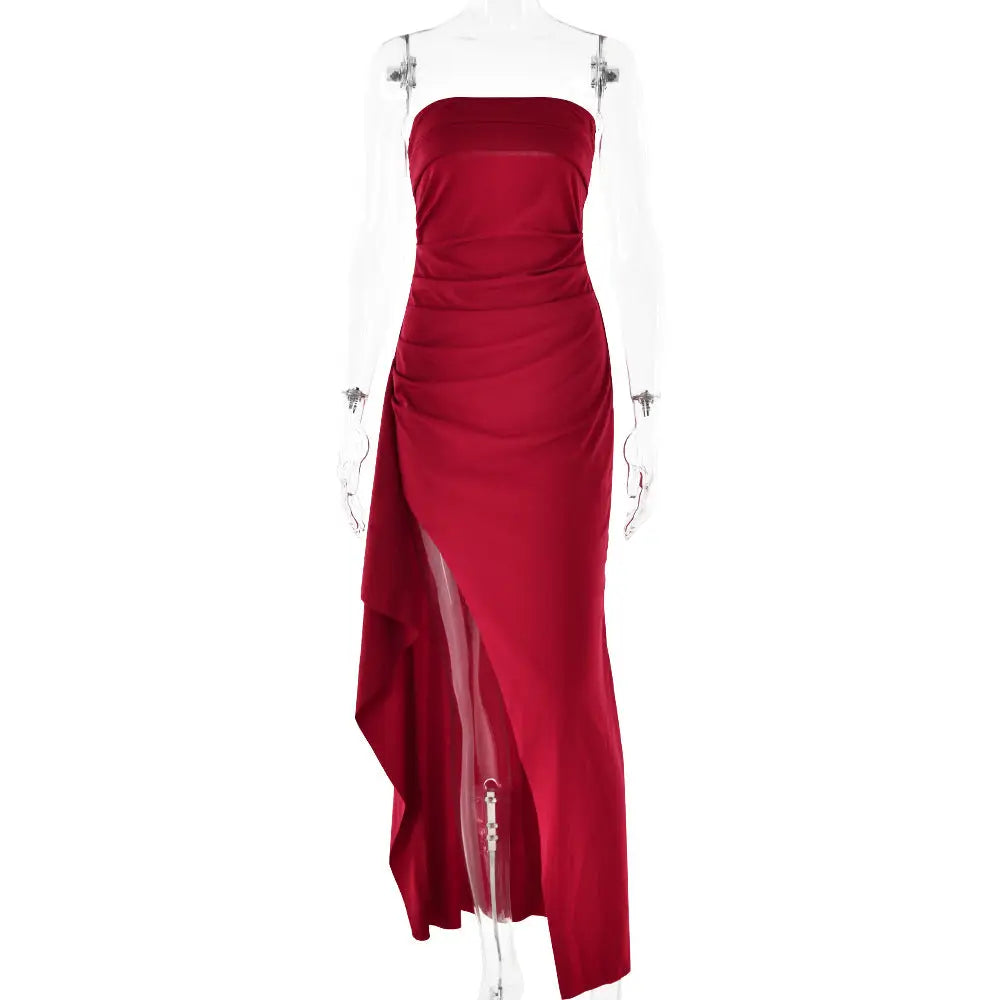 Strapless Pleated Maxi Gown with High Slit and Ruched Bodice