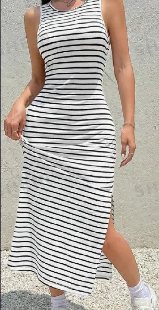 Striped Backless Knit Midi Dress with Side Slit