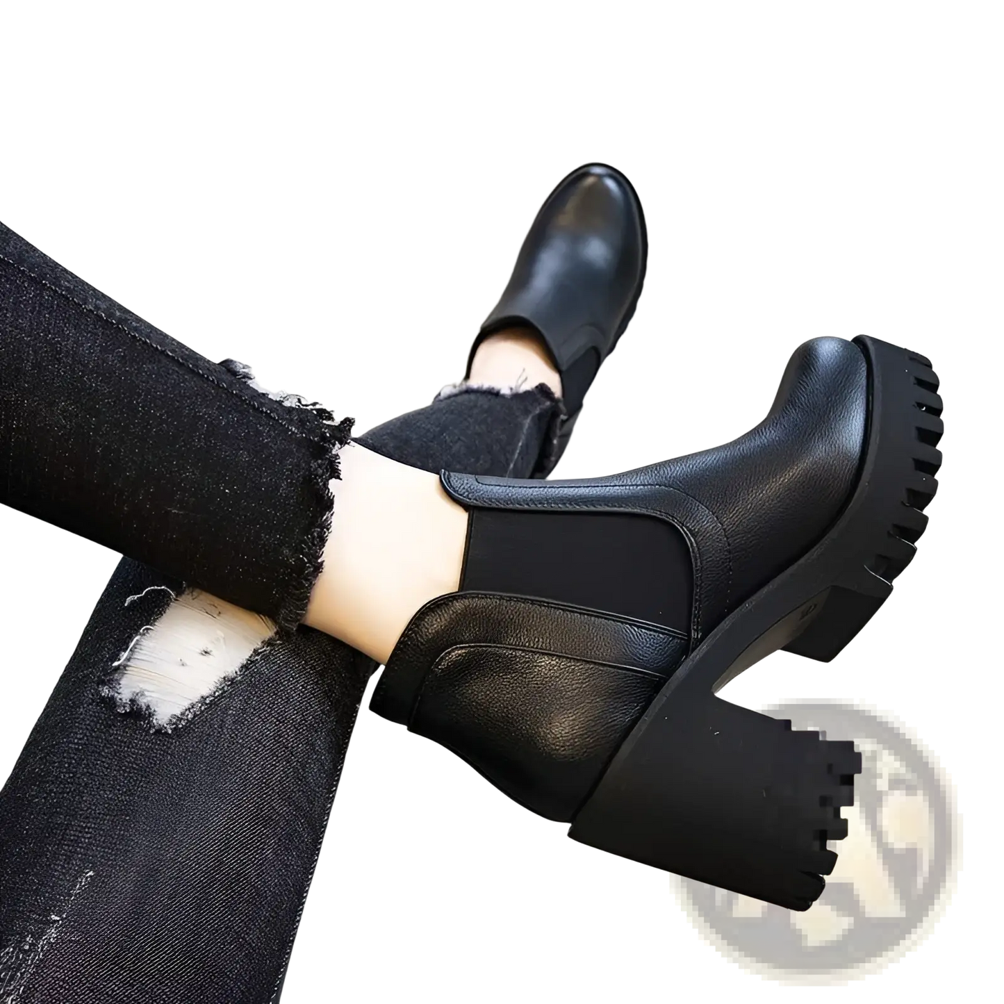 Women's Black Leather Chunky Heel Ankle Boots