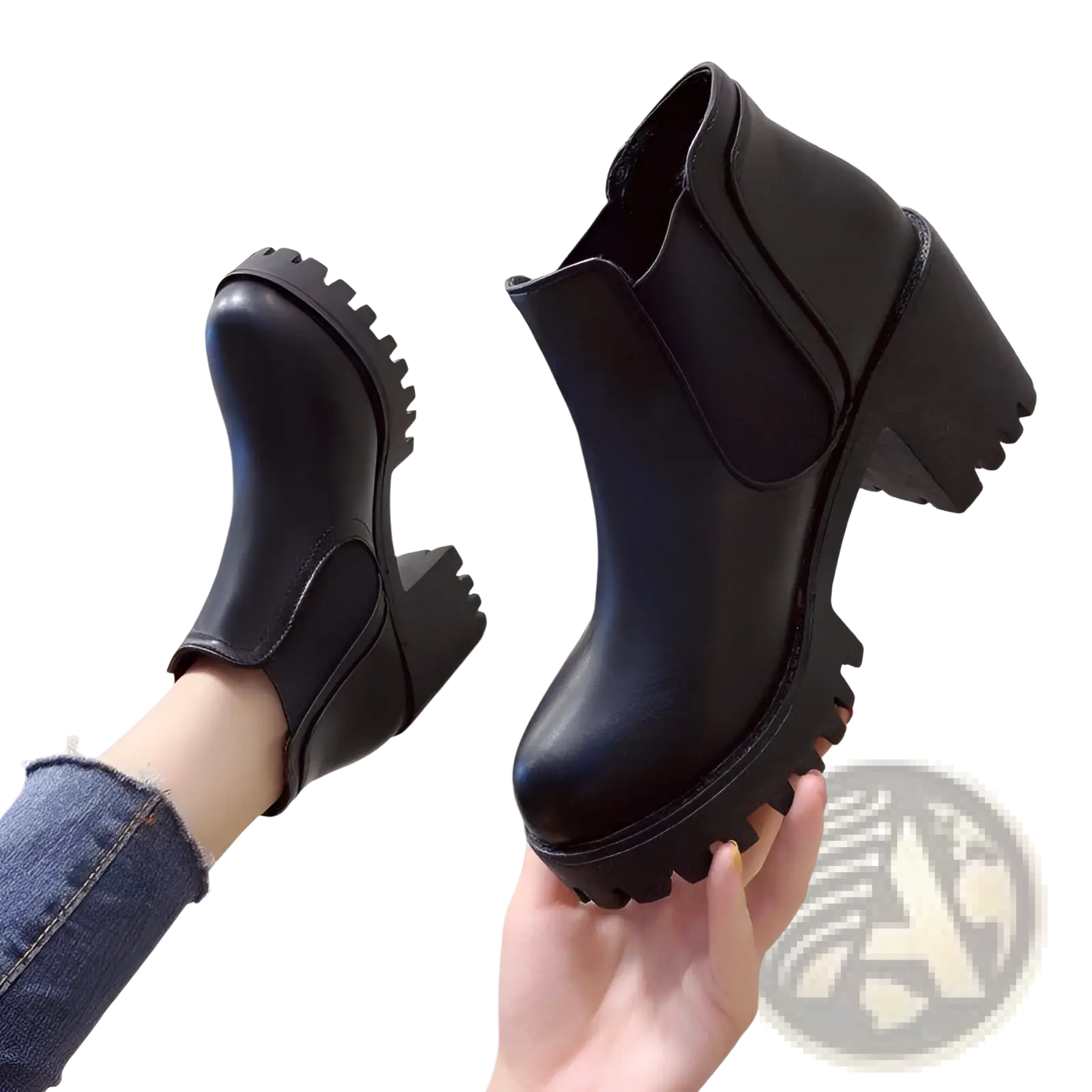 Women's Black Leather Chunky Heel Ankle Boots