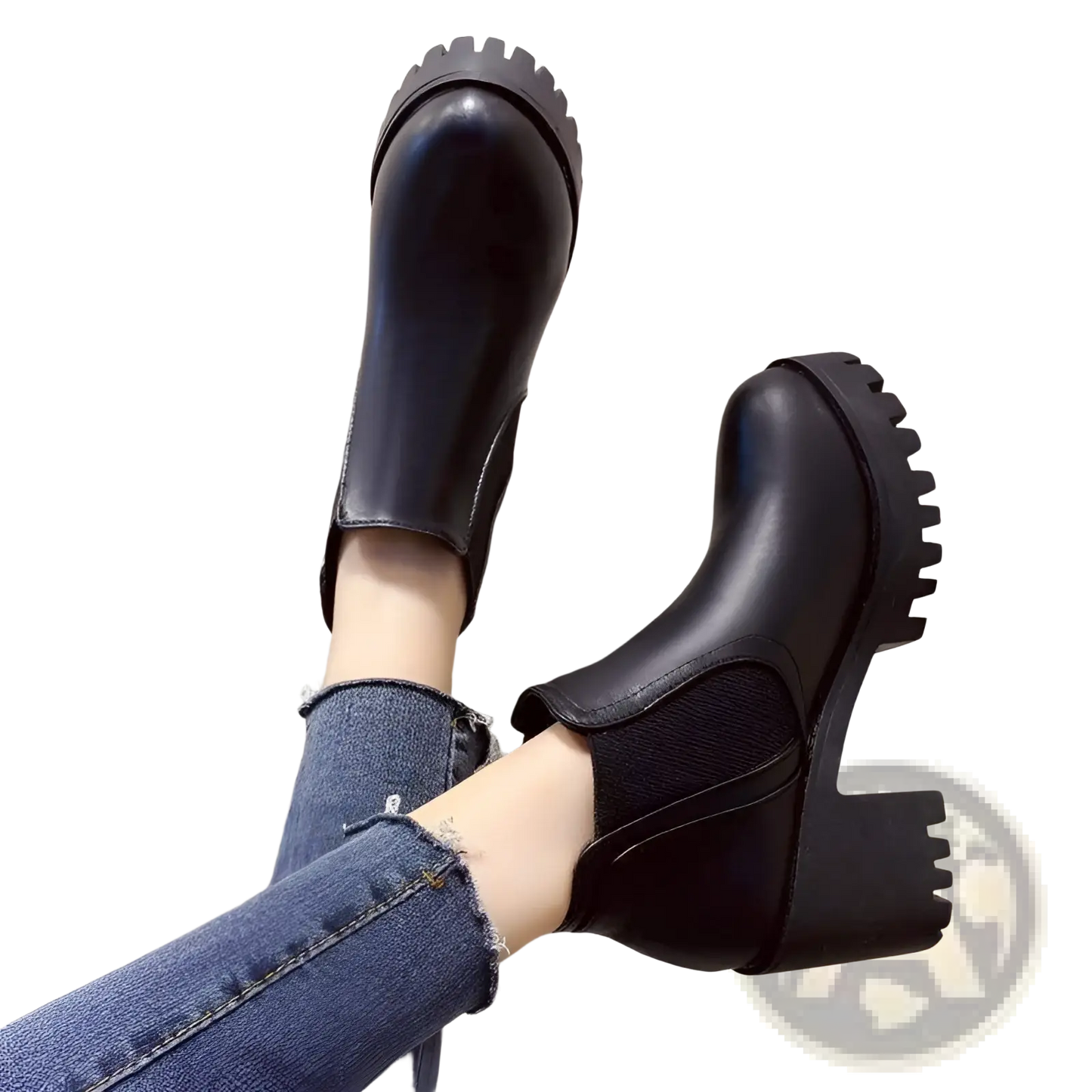 Women's Black Leather Chunky Heel Ankle Boots