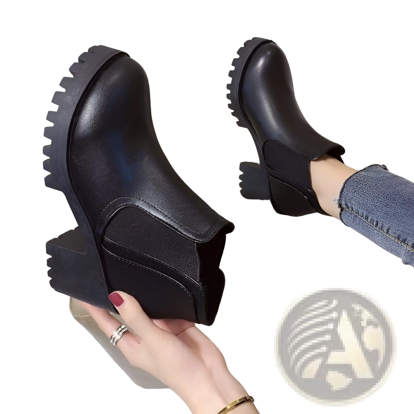 Women's Black Leather Chunky Heel Ankle Boots