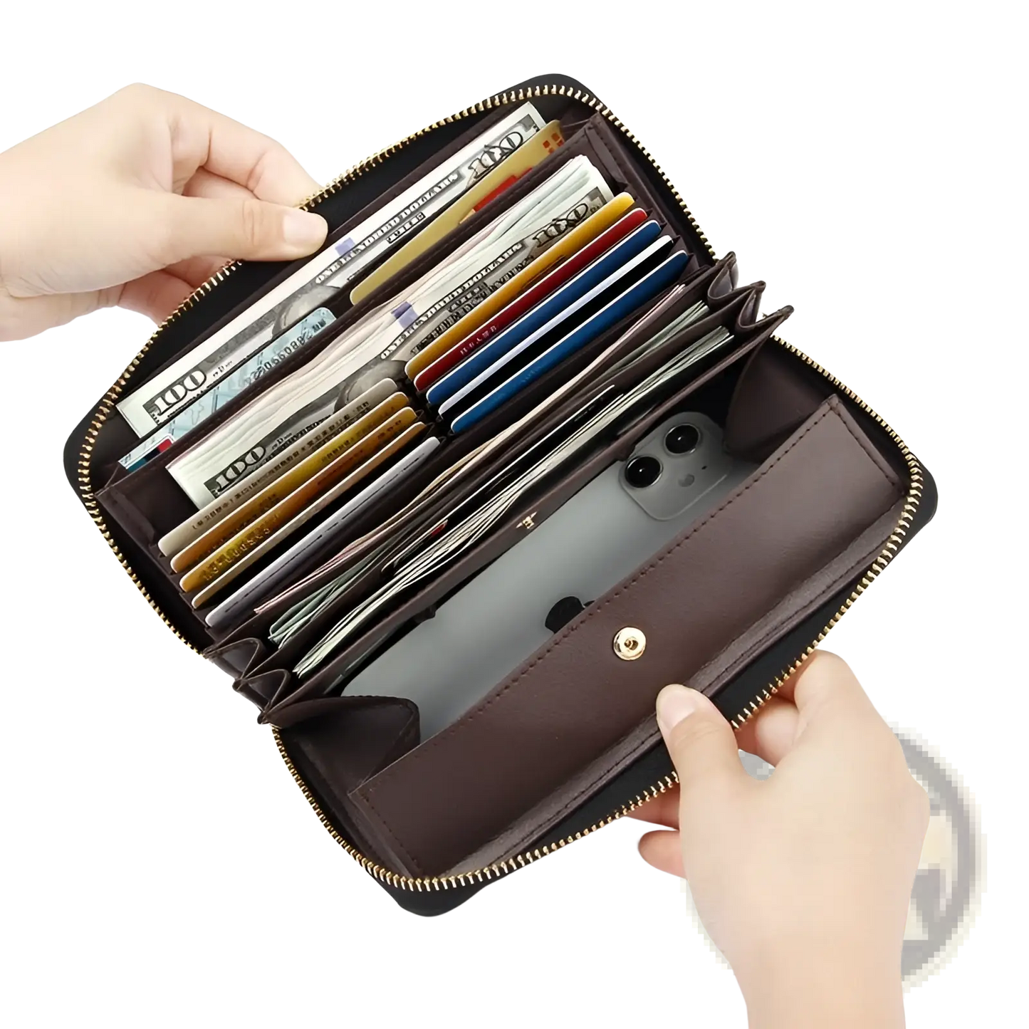 Women's Black Textured Leather Zip Around Wallet