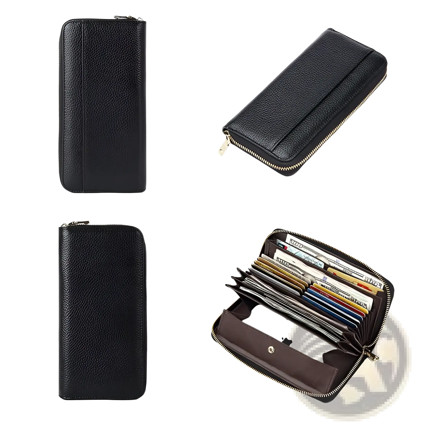 Women's Black Textured Leather Zip Around Wallet