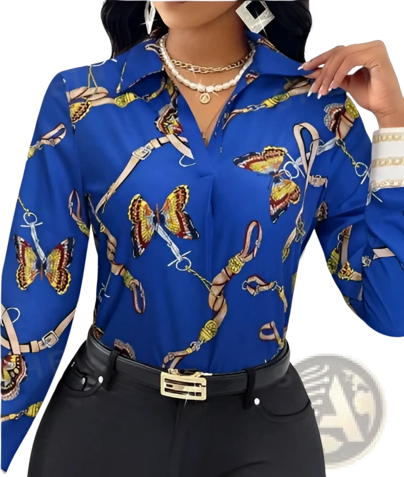 Women's Butterfly and Chain Print Long Sleeve Blouse