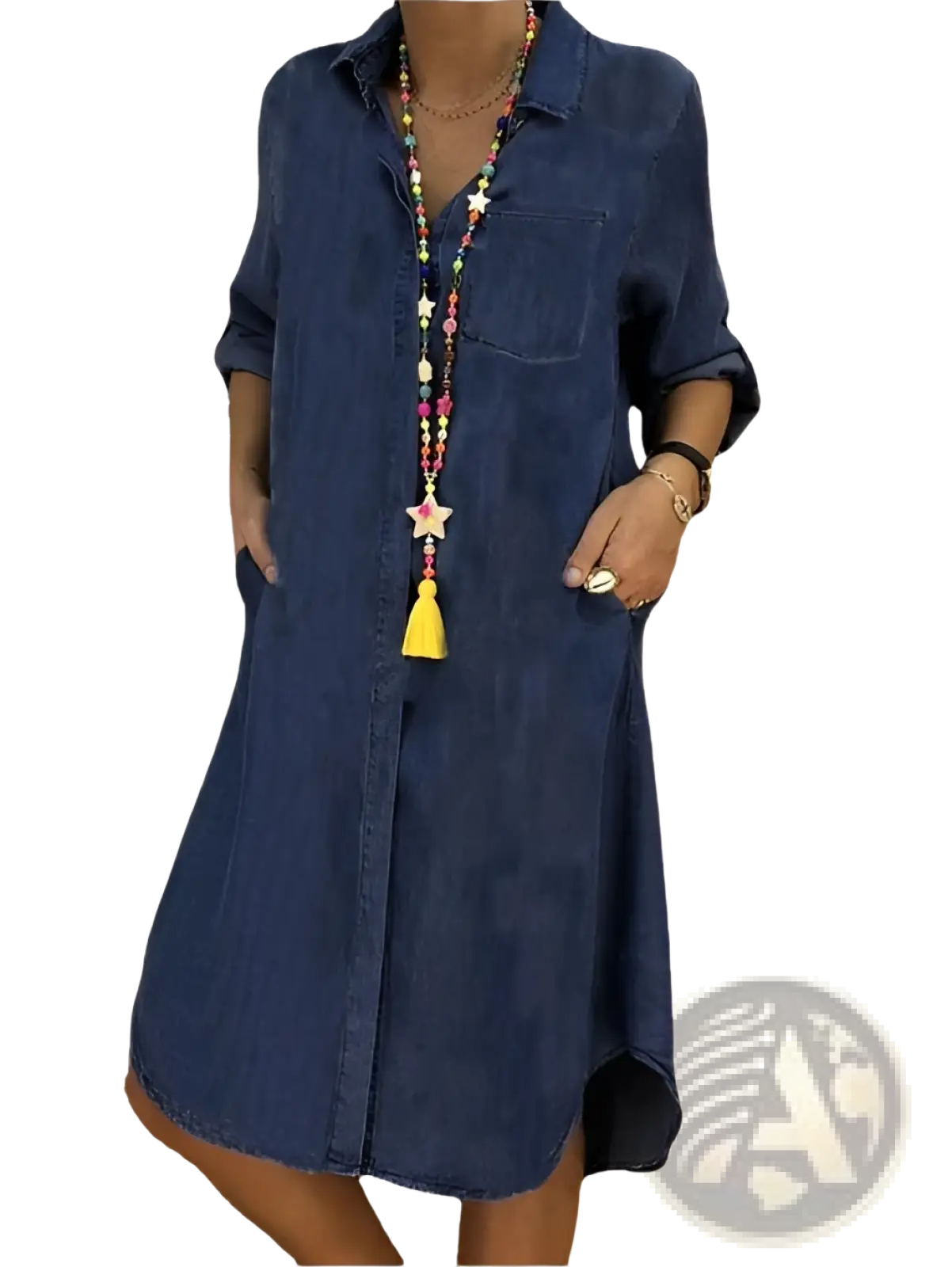 Women's Button Front Denim Shirt Dress with Rolled Sleeves
