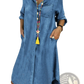 Women's Button Front Denim Shirt Dress with Rolled Sleeves