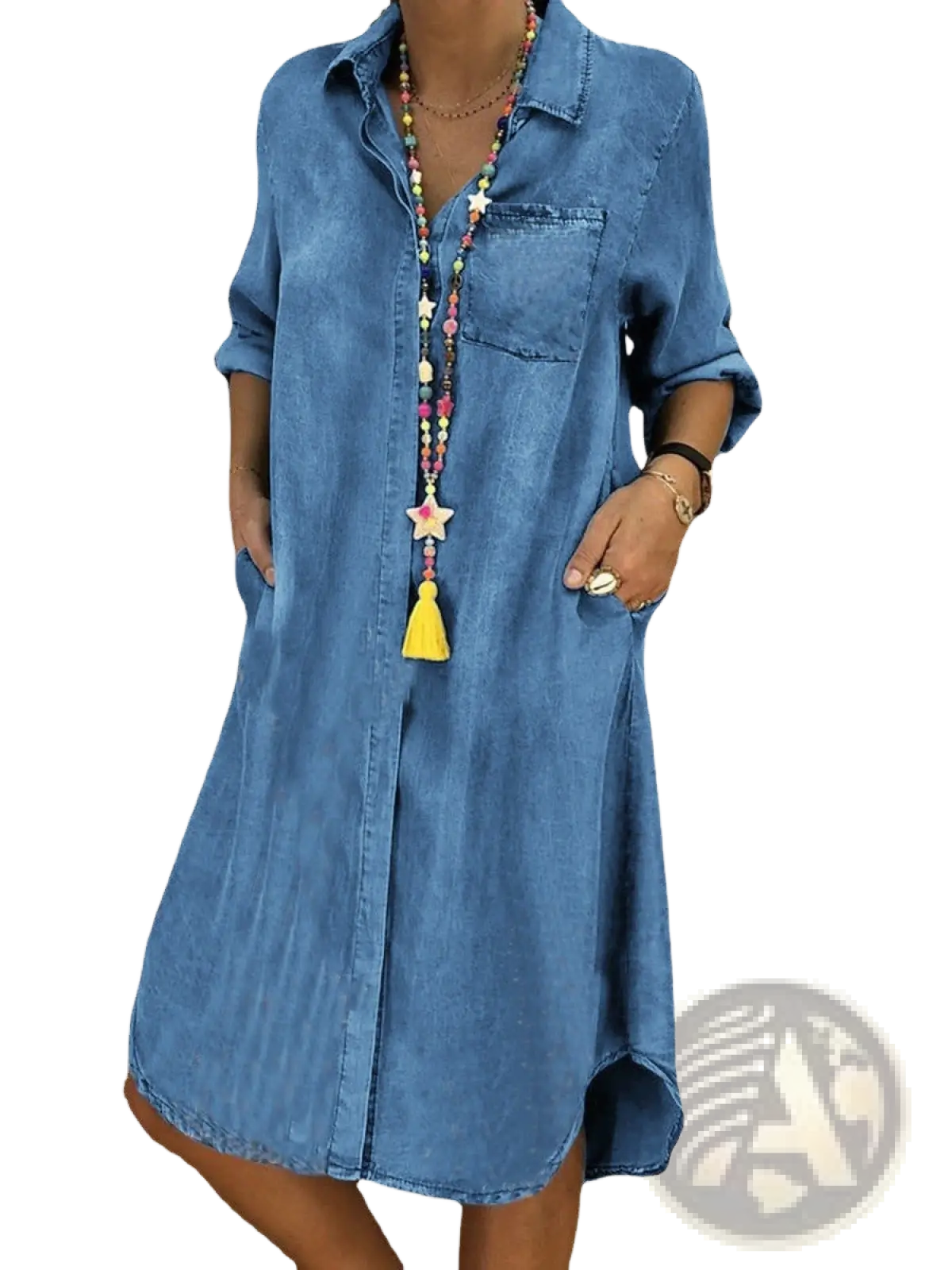Women's Button Front Denim Shirt Dress with Rolled Sleeves