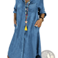 Women's Button Front Denim Shirt Dress with Rolled Sleeves