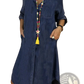 Women's Button Front Denim Shirt Dress with Rolled Sleeves