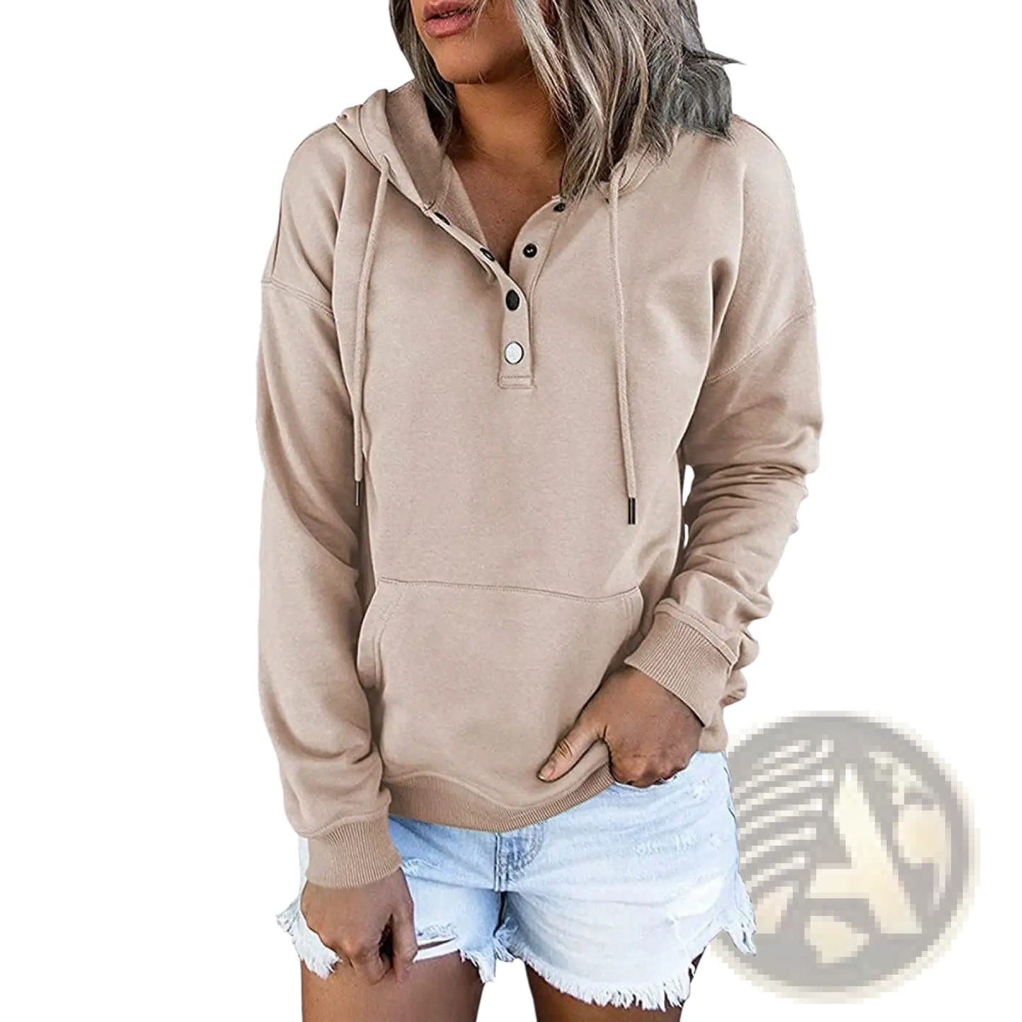 Women's Button Neck Drawstring Hooded Sweatshirt